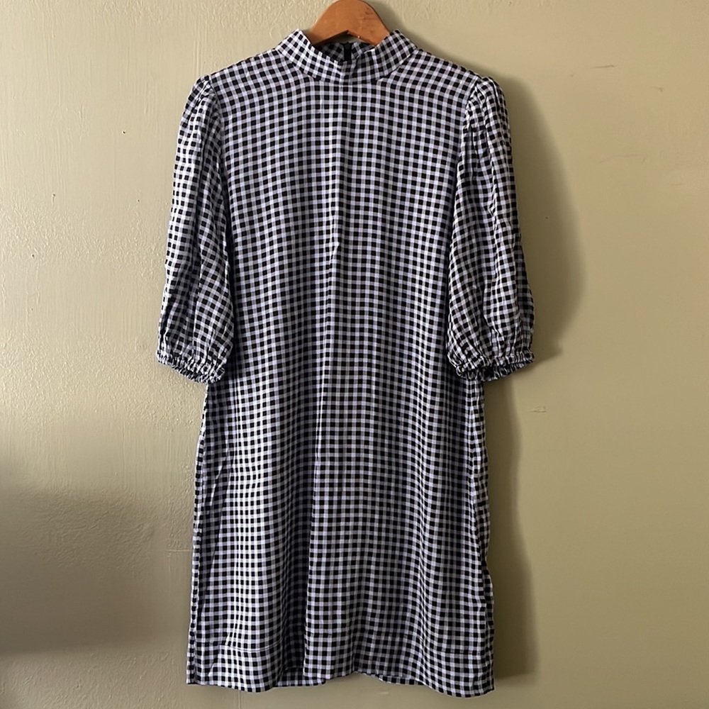 NWOT Ganni Crepe Gathered Gingham Shift Dress